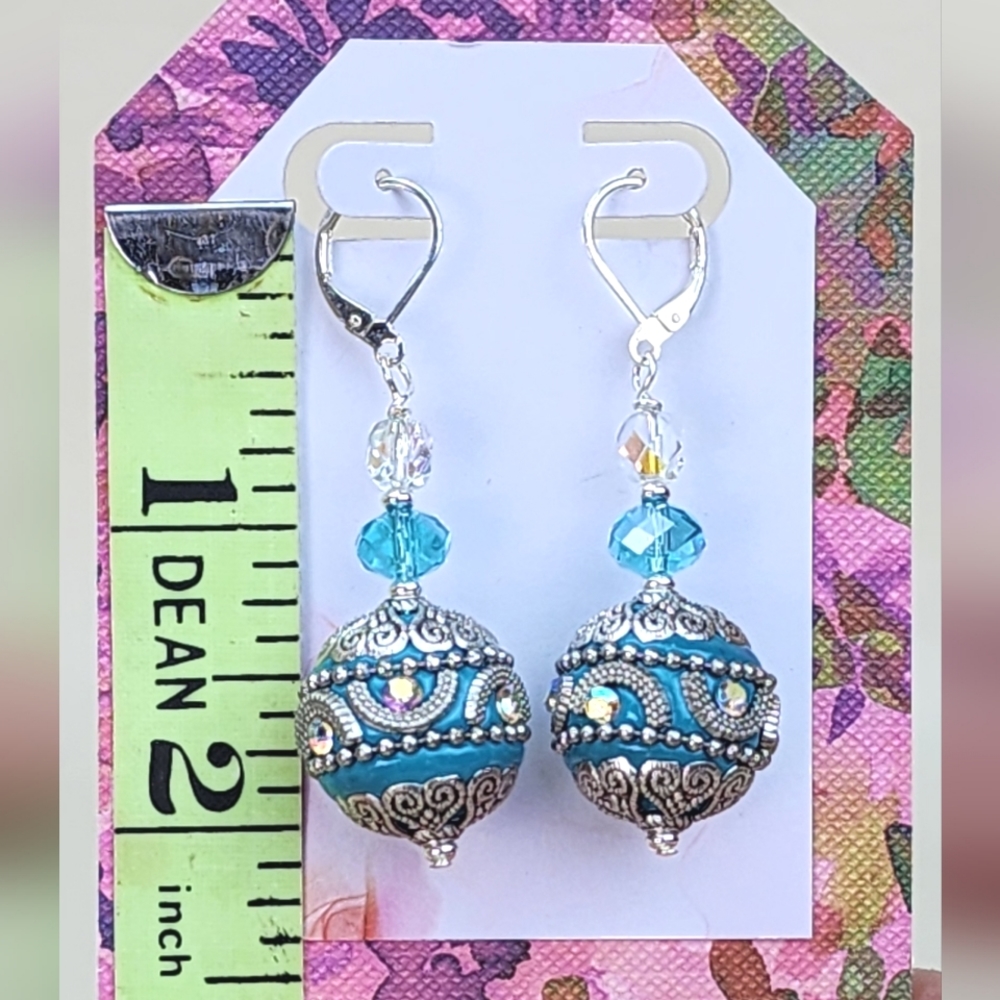 Stunning‎ Turquoise & Silver Dangle Earrings, AB Crystal Accents, Nickel Free